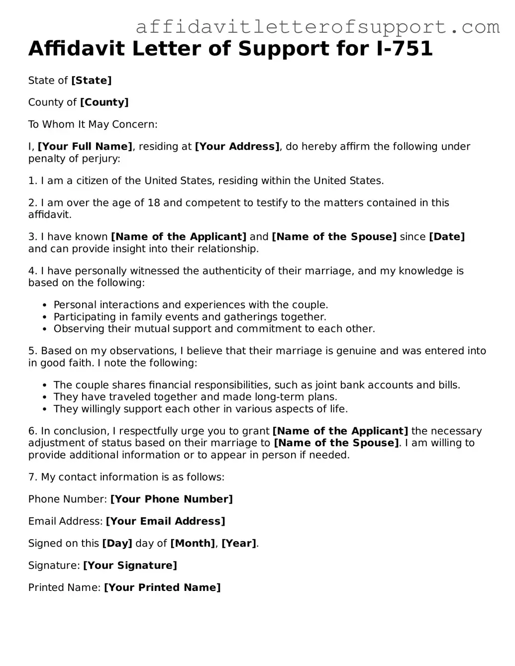 Free Affidavit Letter of Support for I-751 Template
